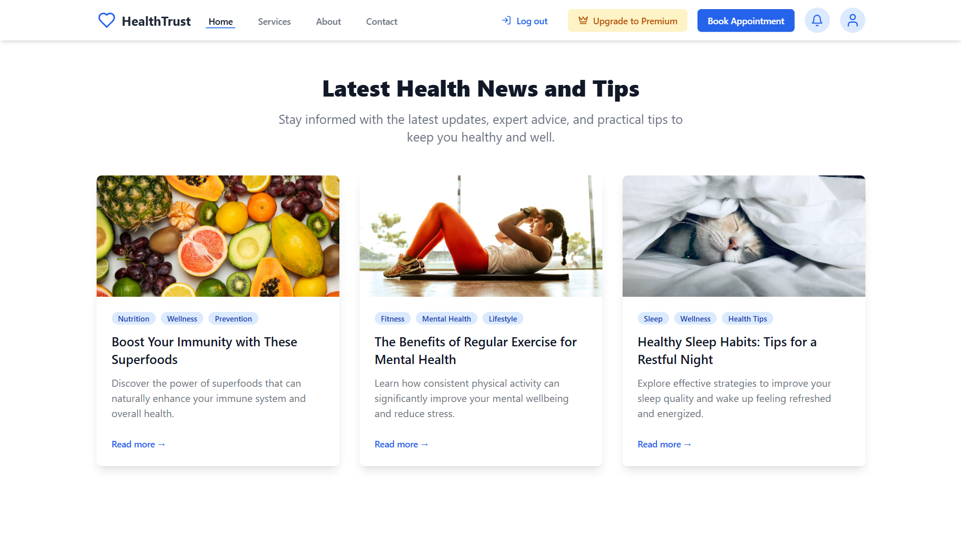 HealthTrust homepage showing Expert Health Consultations Anytime Anywhere landing hero